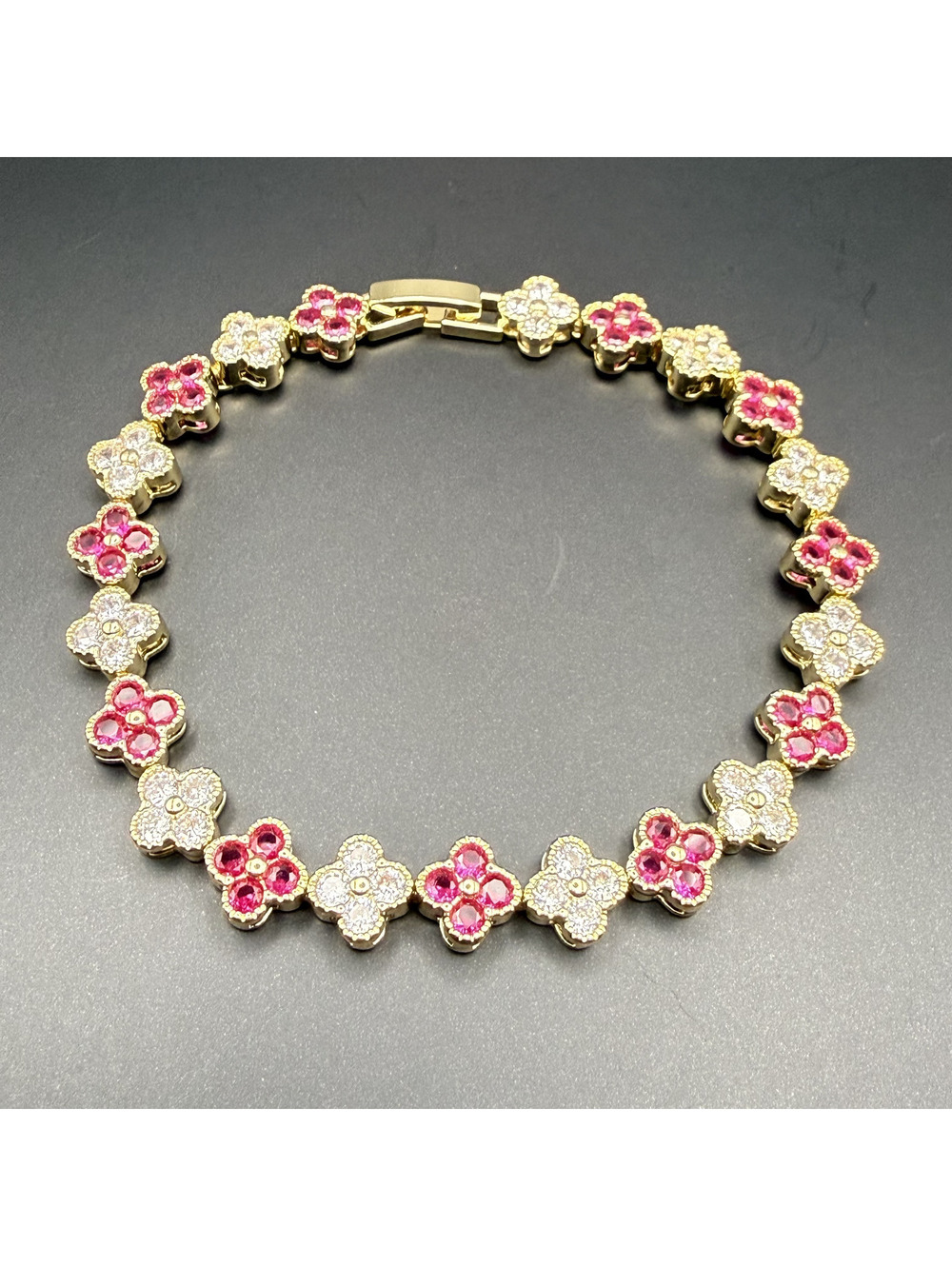 candy+clover dainty ruby crystal clover gold tone tennis bracelet